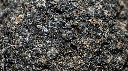 Close-up view of a dark, granular rock surface, showing intricate textures and mineral reflections