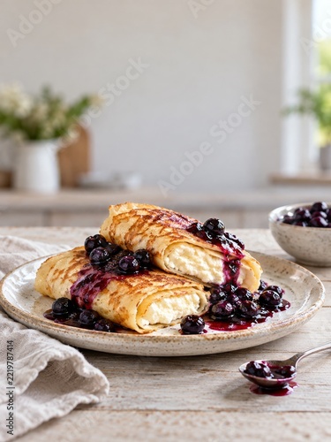 Golden cheese blintzes with glossy blueberry sauce on a ceramic plate