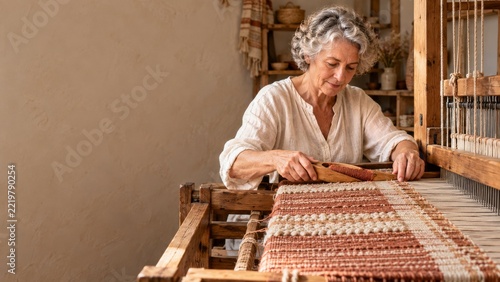 Older Weaver Guiding Terracotta and Cream Threads through a Traditional Woode...