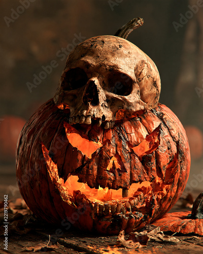  A grotesque Halloween pumpkin with a glowing, decayed jack-o'-lantern face topped by a weathered human skull, creating a dark, eerie horror atmosphere with dramatic cinematic lighting.