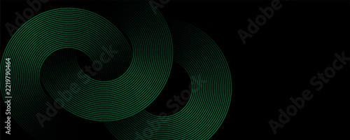 Glowing abstract green geometric lines on a black background. A modern pattern of glossy green circular lines. Futuristic technology concept.
