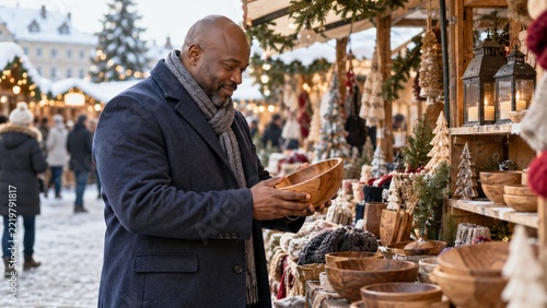 Man examining a handcrafted wooden bowl at a snowy holiday market