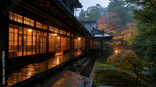 a traditional Japanesestyle building, likely a temple or pavilion, set against a backdrop of a serene forest during autumn. The building features large, rectangular windows with a grid pattern.