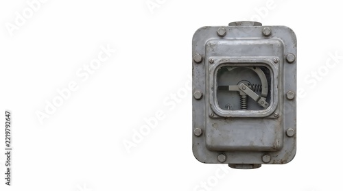 Industrial metal sight flow indicator with mechanical spring mechanism and glass window isolated on white background