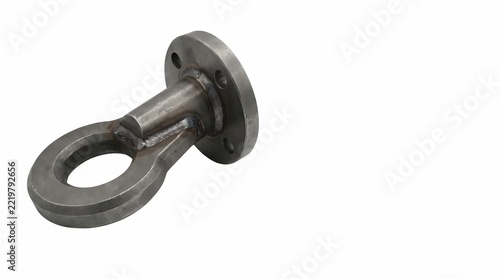 Heavy steel lifting eye bolt component with welded flange isolated on white background