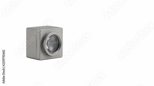 Compact modular camera cube featuring metallic silver housing and circular optical lens isolated on white background