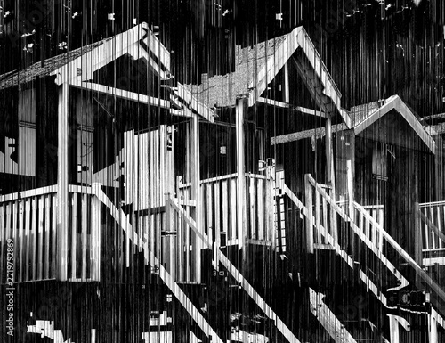 Beach huts on a uk seashore abstract glitch art in monochrome black and white