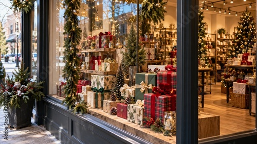 Christmas Shopfront Window with Ribboned Presents and Evergreen Garlands