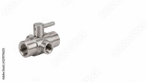 Stainless steel threaded valve body fitting for sampling port, plumbing hardware on white background