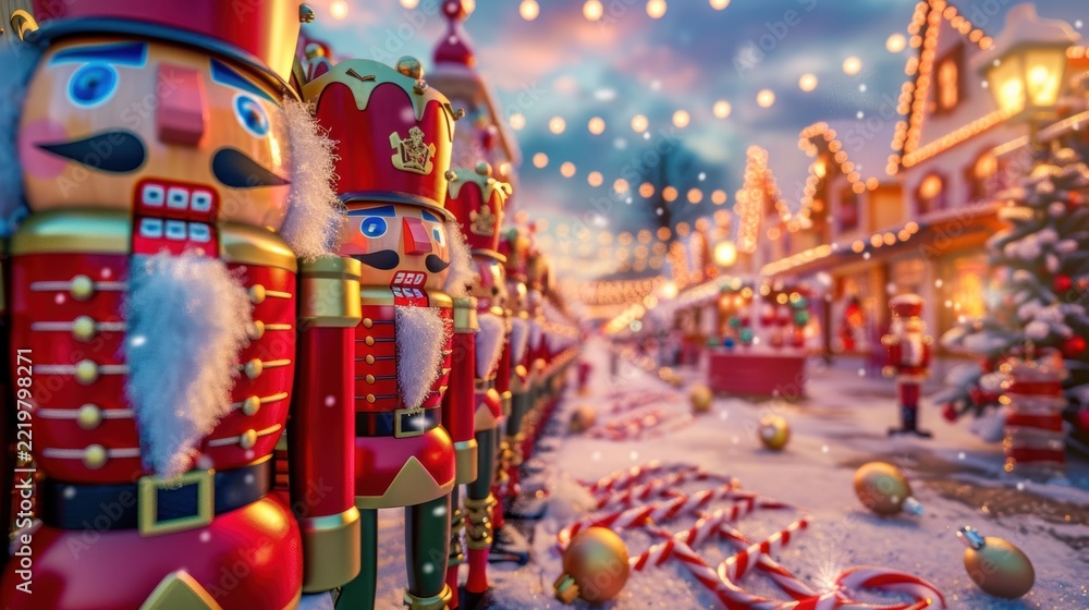 Fototapeta premium Fantasy Christmas village with giant nutcracker soldiers, festive holiday background for greeting card and seasonal design