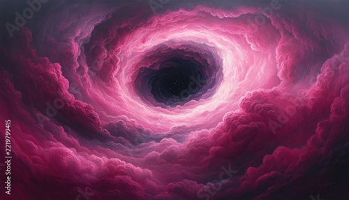 A swirling vortex of pink and purple clouds leads to a dark, star-filled abyss.