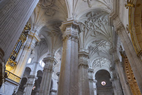 White ribbed vaults and fluted columns with organ in Granada Cathedral
