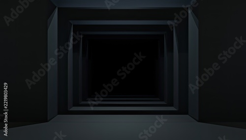 A dark, geometric tunnel recedes into blackness, creating a sense of depth and mystery.