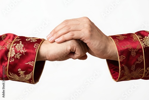 Traditional Chinese Greeting Gesture with Hands in Red Silk Embroidered Sleeves Isolated on White Background