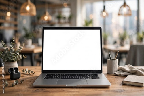 Blank Laptop Screen Mockup on Wooden Desk with Blurred Coworking Background