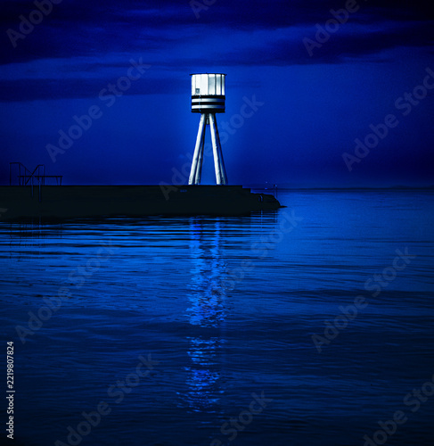 Futuristic Glowing Tower Blue Seascape