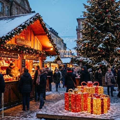 Christmas market scene with illuminated wooden chalet and decorated tree at dusk. A warm glowing wooden stall with a snow-dusted roof stands beside a large evergreen tree covered in red baubles and