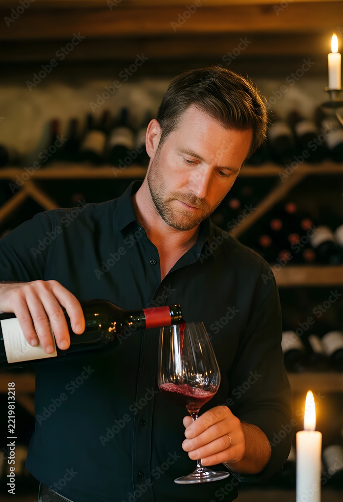 Fototapeta premium Wine tasting and sommelier expertise, man pouring red wine into glass in a dark cellar with candlelight for luxury lifestyle and hospitality marketing