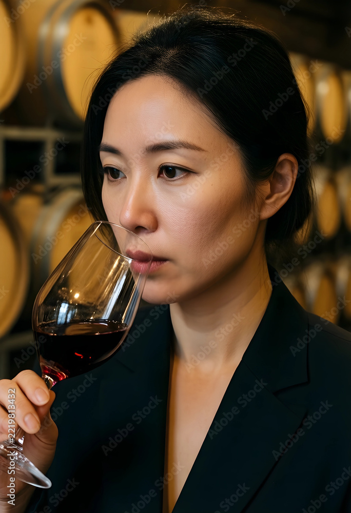 Fototapeta premium Wine tasting and sommelier expertise, professional woman evaluating red wine quality in a cellar with oak barrels for luxury lifestyle and hospitality