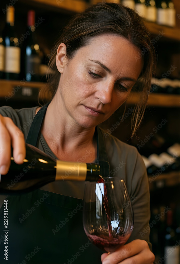 Naklejka premium Hospitality and wine service, sommelier pouring red wine into a glass in a cellar for a tasting experience with focus and expertise in a winery