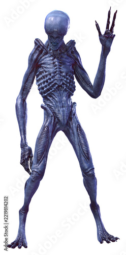 3D Rendering Blue Alien on White