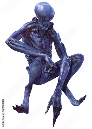 3D Rendering Blue Alien on White