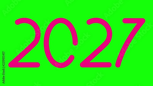 Animated magenta symbol of numbers 2027 year. Icon is drawn. Pink icon with fluid effect. Looped video. Vector illustration isolated on green background. 