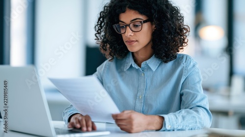 Focused woman with curly hair working on a laptop and reviewing documents in a modern office setting