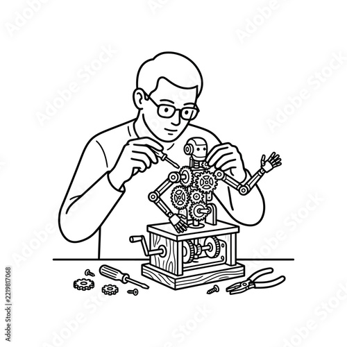 Man Assembling a Mechanical Robot with Gears and Tools on a Workbench.