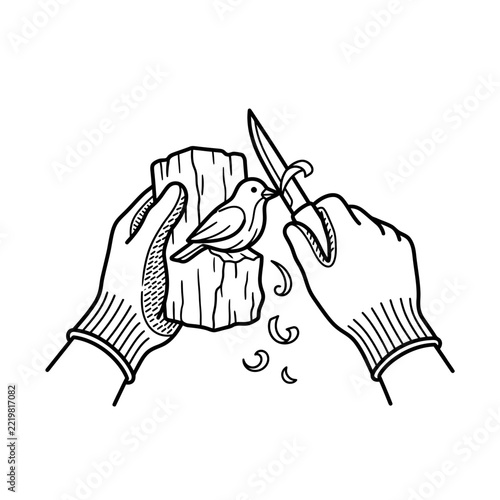 Hands wearing gloves carving a wooden bird with a knife, detailed illustration.