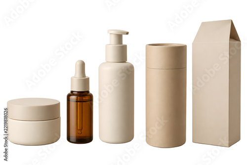 Minimalist Skincare Cosmetic Packaging Mockup Set with Cream Jar, Amber Serum Bottle, Pump Bottle and Paper Boxes