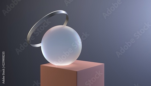 Abstract composition with a translucent sphere and a metallic ring on a pedestal.