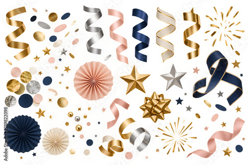 Elegant Celebration Decorative Elements with Gold Silver Confetti, Ribbons and Stars on Transparent Background