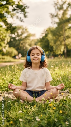 Girl wearing headphones meditates in a wildflower meadow. Mindfulness and meditation practice. Child wellness, relaxation and mental health. Nature and outdoor wellbeing concept.