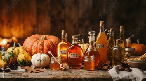 A warm and inviting thanksgiving still life featuring pumpkins gourds and a selection of richly colored autumnal beverages