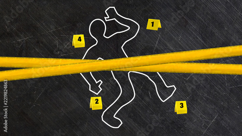 Crime Scene Chalk Outline with Yellow Caution Tape and Four Evidence Markers