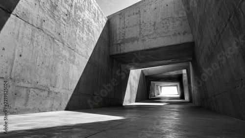 Modern architectural concrete corridor with geometric shapes and lighting