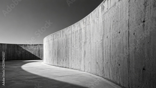 Modern Cityscape with Smooth Curved Concrete Wall and Clear Sky