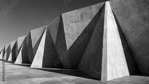 Modern concrete architectural wall with geometric patterns and sharp angles