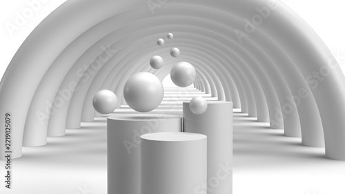 Abstract White Podium Display with Geometric Arches and Floating Spheres