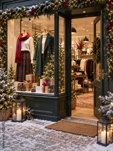 Snowy boutique entrance with Christmas garlands and winter clothing