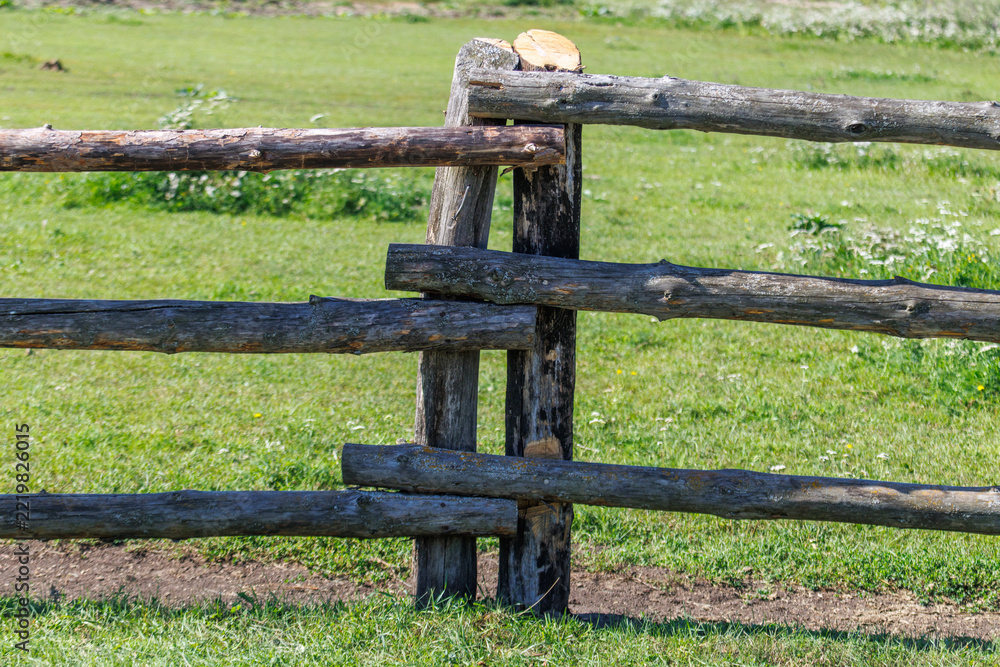 Fototapeta premium Rustic wooden fence stands in lush green pasture