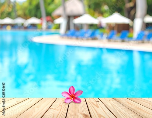 Plumeria flower resting on wooden deck with blurred swimming pool