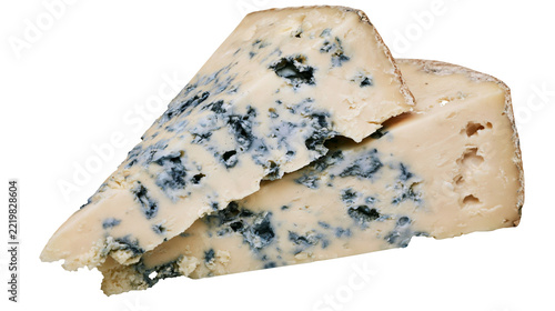 Fotografie Creamy blue cheese wedges with distinct mold veins and natural textured rind