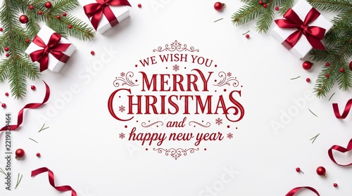 Merry Christmas and Happy New Year background, festive holiday message layout, elegant Christmas gift box border frame
