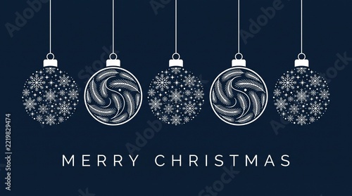 Christmas bauble illustration on dark blue background. Five hanging ornaments with snowflake and swirl patterns. Minimalist holiday greeting card design for winter season celebrations.