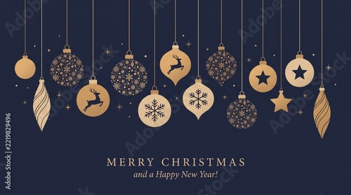 Christmas Baubles and Holiday Greeting vector illustration. Elegant gold hanging ornaments with reindeer, snowflake, and star patterns on dark blue. Festive banner for winter season cards.
