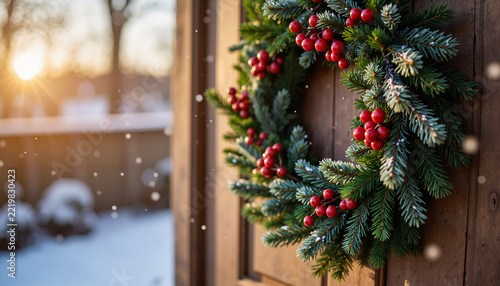 Festive wreath adorned with red berries on rustic door, winter ambiance