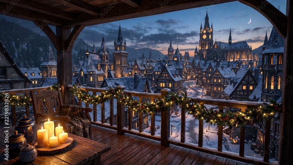 Fototapeta premium Cozy balcony decorated for Christmas overlooking a snowy winter town