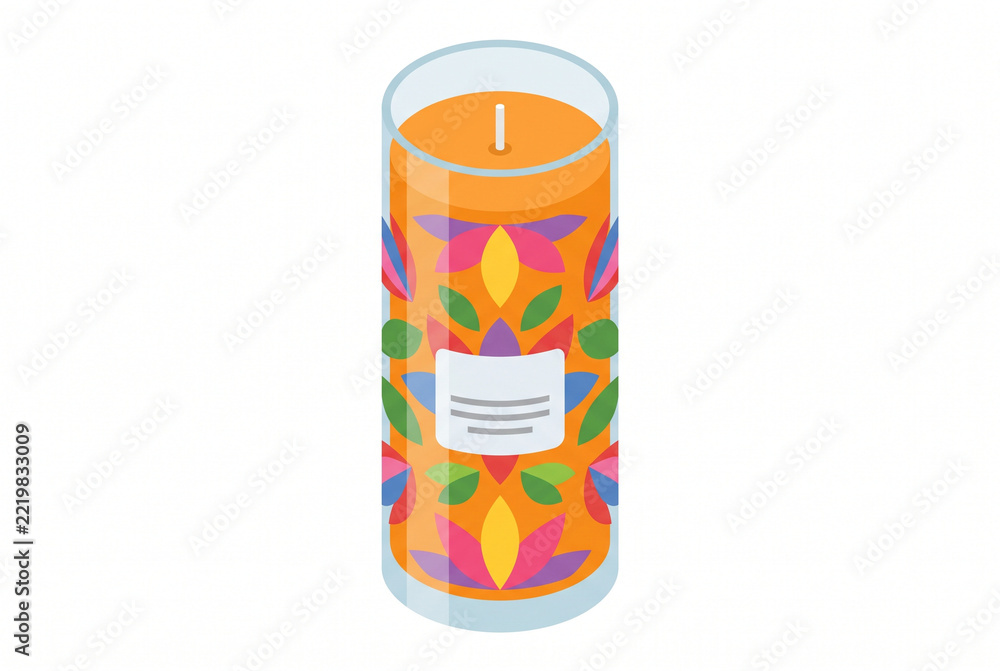 Fototapeta premium Aromatherapy candle inside a glass jar adorned with colorful mandala and floral designs for relaxation.